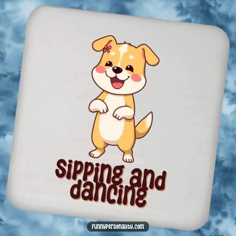 Funny drink coaster showcasing a cheerful dog doing a silly dance, adding amusement to any table setting.