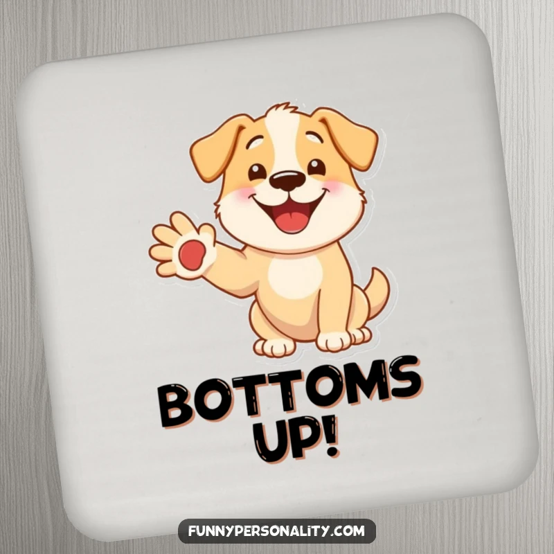 Funny dog coaster with a smiling dog extending a paw, protecting surfaces with a cheerful and humorous touch.