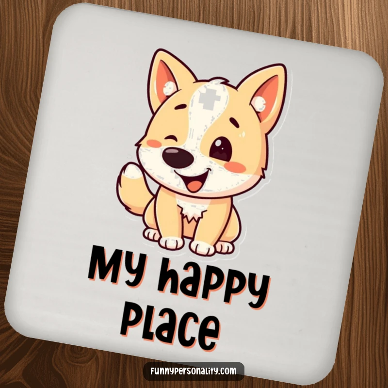 Funny dog coasters featuring a dog character whose tail is wagging with pure delight, adding humor to drink service.