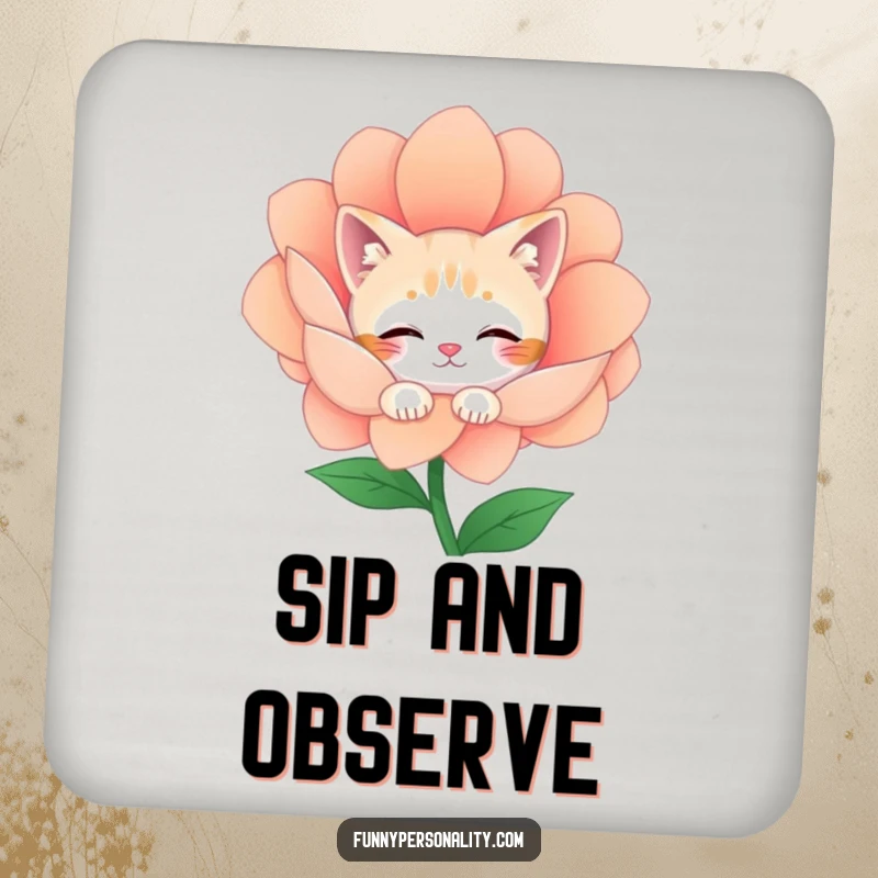 Funny Drink Coaster: A shy cat character peeks from behind a large flower, offering a touch of timid humor to surfaces.