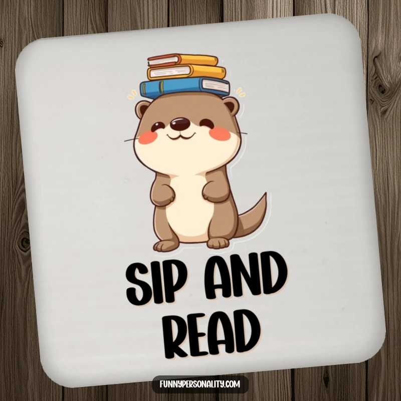 Funny drink coasters featuring a cheerful otter balancing a stack of books on its head, protecting surfaces stylishly.