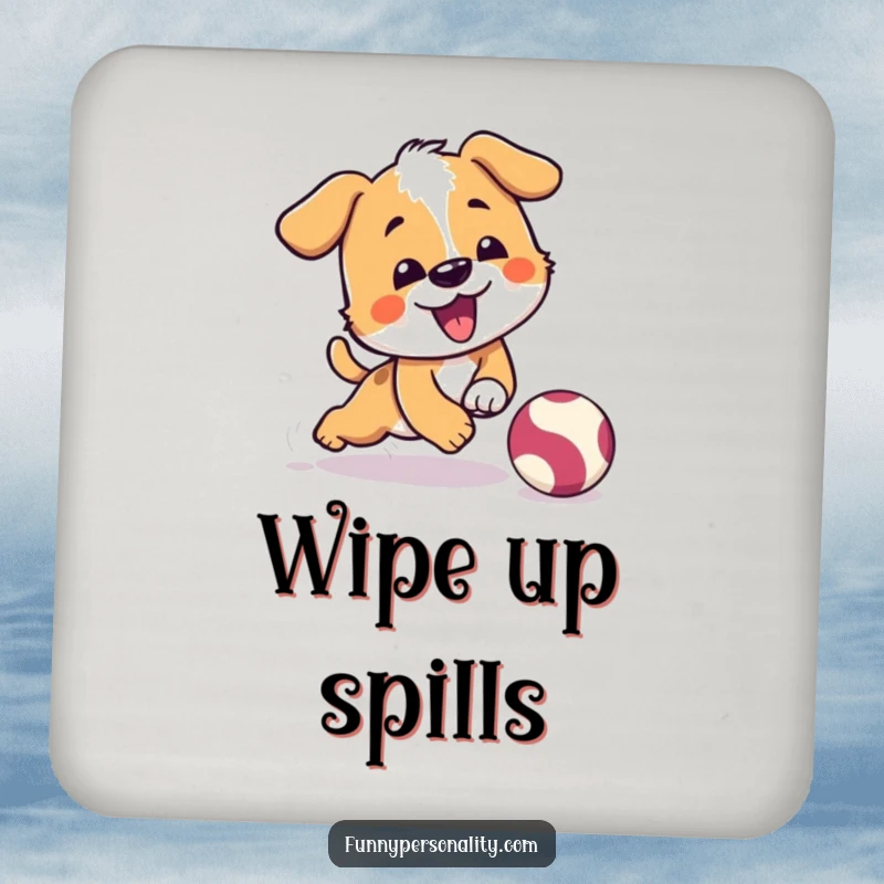 Funny drink coasters featuring a playful dog character comically tripping while chasing a bouncing ball, protecting surfaces.