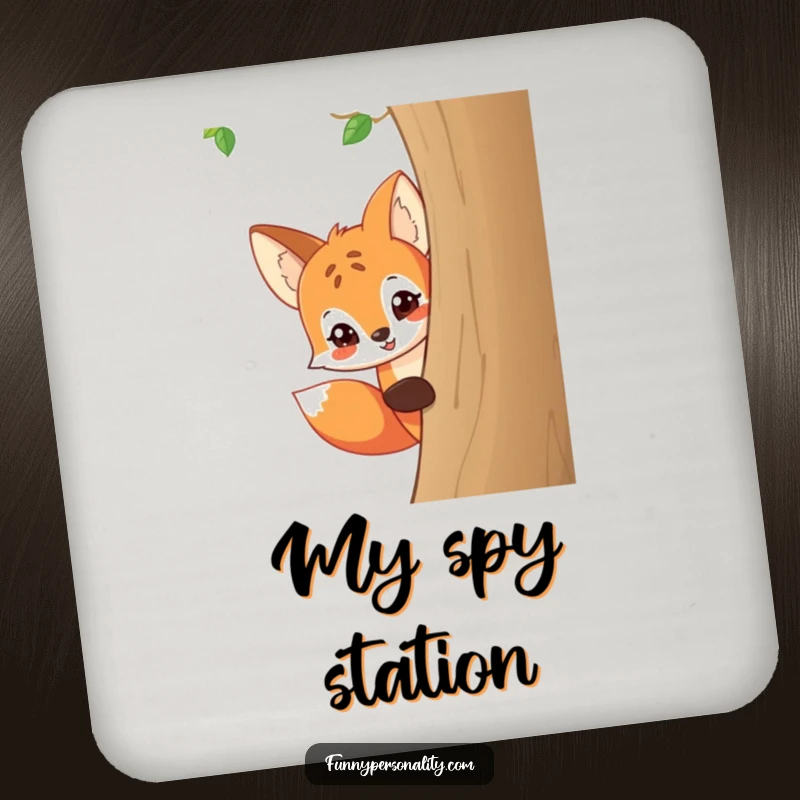 Funny drink coasters featuring a playful cartoon fox peeking around a tree with a mischievous grin, protecting tables with humor.