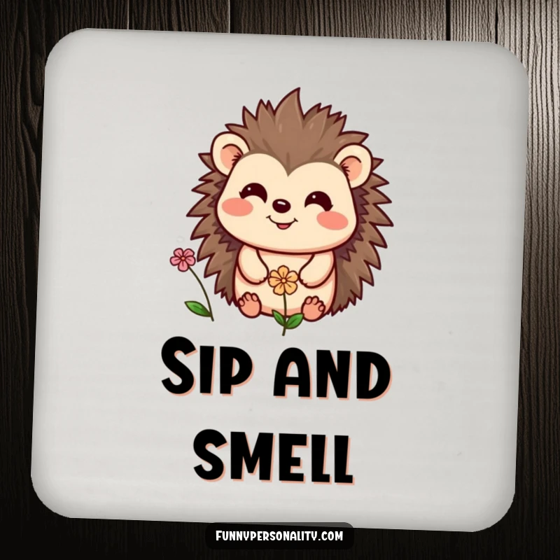 Funny drink coasters featuring a cheerful hedgehog smiling at a tiny flower, a charming and humorous addition to any table.
