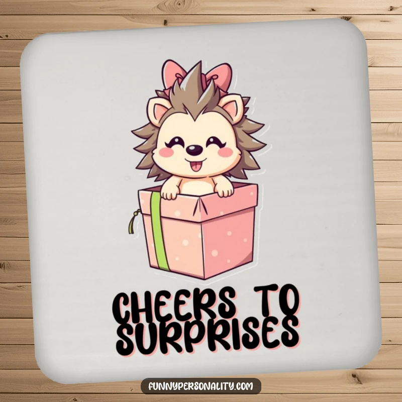 Smiling hedgehog character bursting out of a gift box on protective drink coasters, adding a touch of joy, a funny gift.