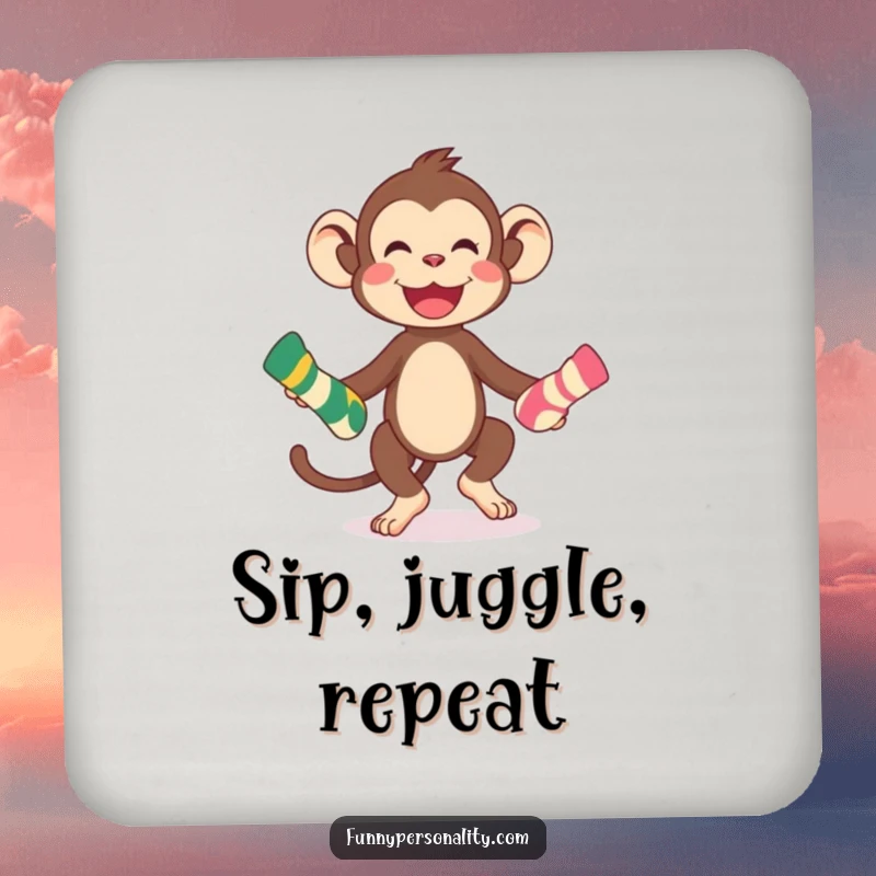 Funny playful monkey character juggling socks on protective drink coasters, adding a touch of fun, a funny gift.