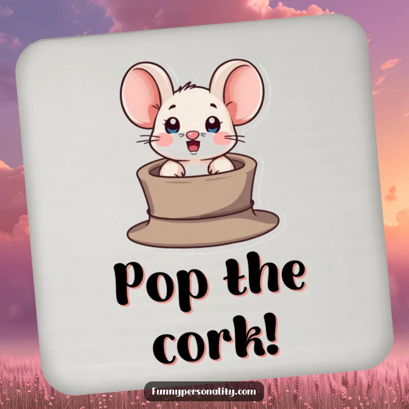 Funny drink coaster featuring a surprised mouse character popping out of a tiny hat, adding magical humor to surfaces.