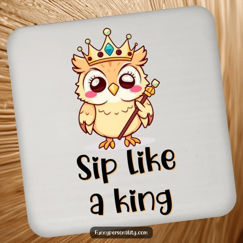 Funny owl drink coasters with a giggling owl king holding a scepter, celebrating royalty and providing humorous surface protection.