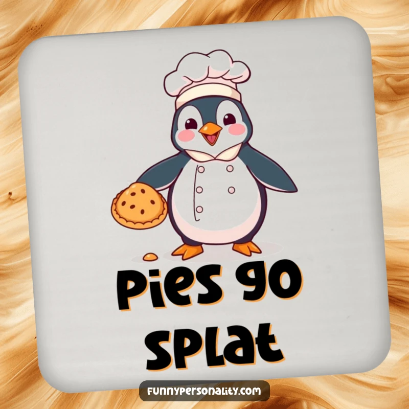 Funny drink coasters: a penguin chef dropping a pie, adding humor to any table setting.