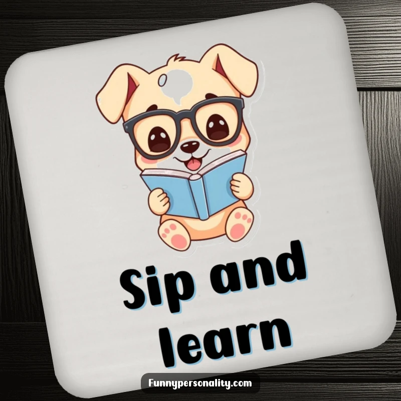 Funny drink coasters featuring a cartoon puppy wearing glasses, grinning while reading a book, protecting tables with humor.