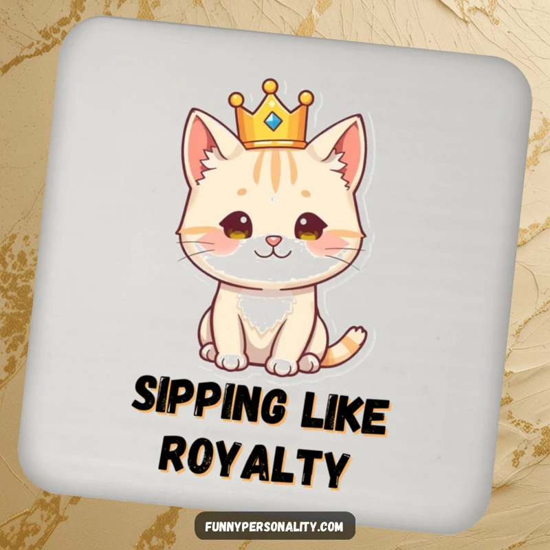 Funny cat character wearing a crown, looking regal, a set of humorous and protective drink coasters.