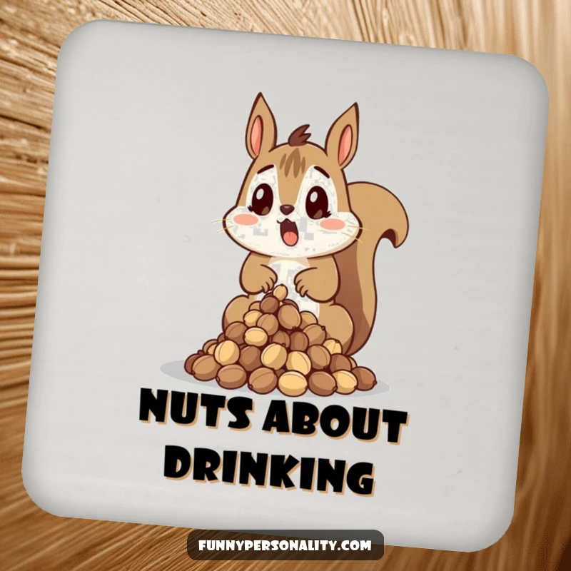 Funny Squirrel Coaster showcasing a surprised squirrel dropping a pile of nuts, protecting surfaces with relatable humor.