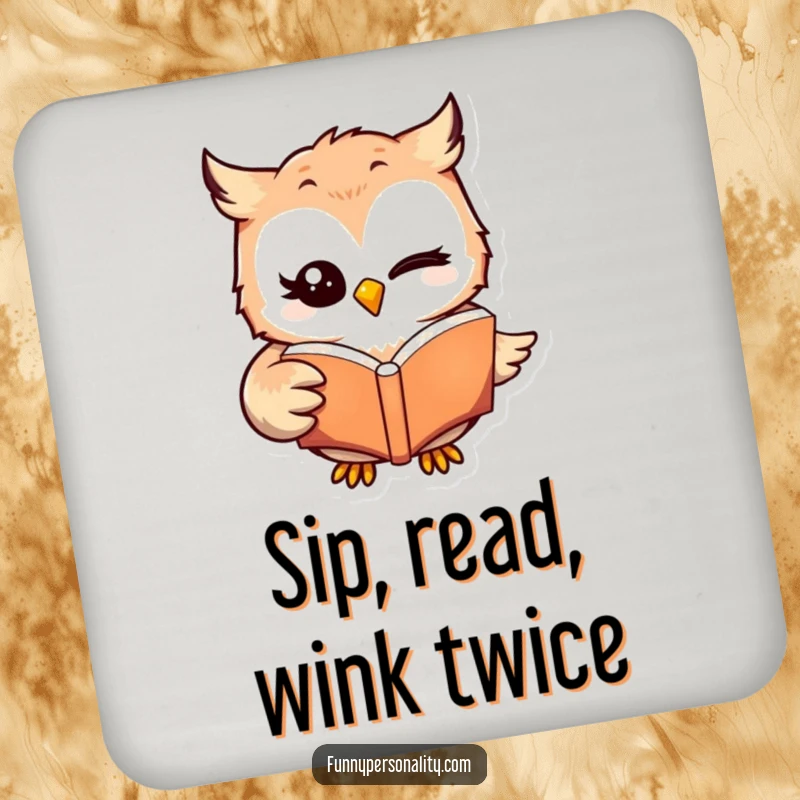 Funny winking owl character holding a book on protective drink coasters, adding a witty touch to any table, a funny gift.