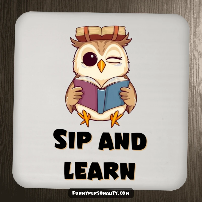 Funny drink coasters featuring a winking owl reading a book upside down with a grin, a humorous and protective addition to any table.