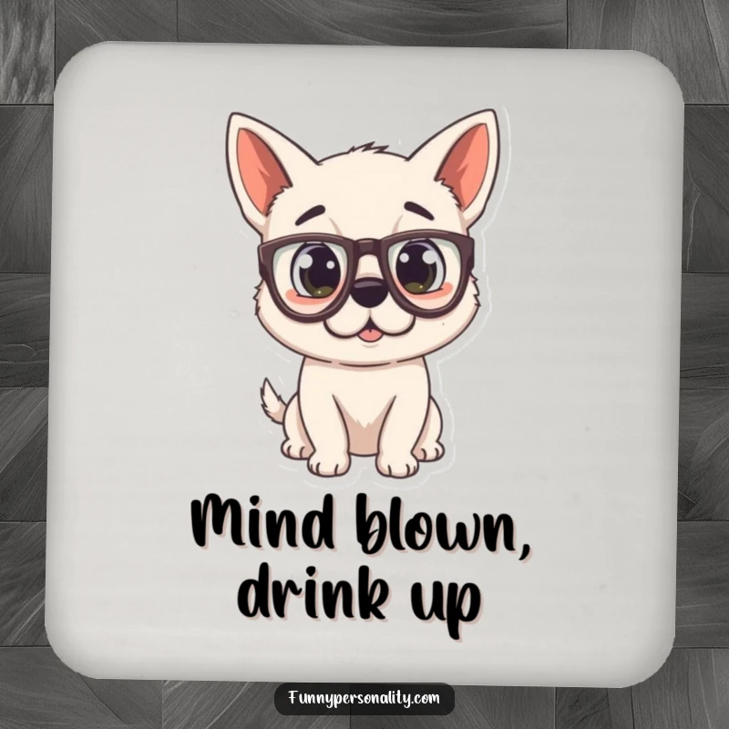 Funny Dog Coaster showcasing a surprised puppy wearing oversized glasses, protecting surfaces with humor.
