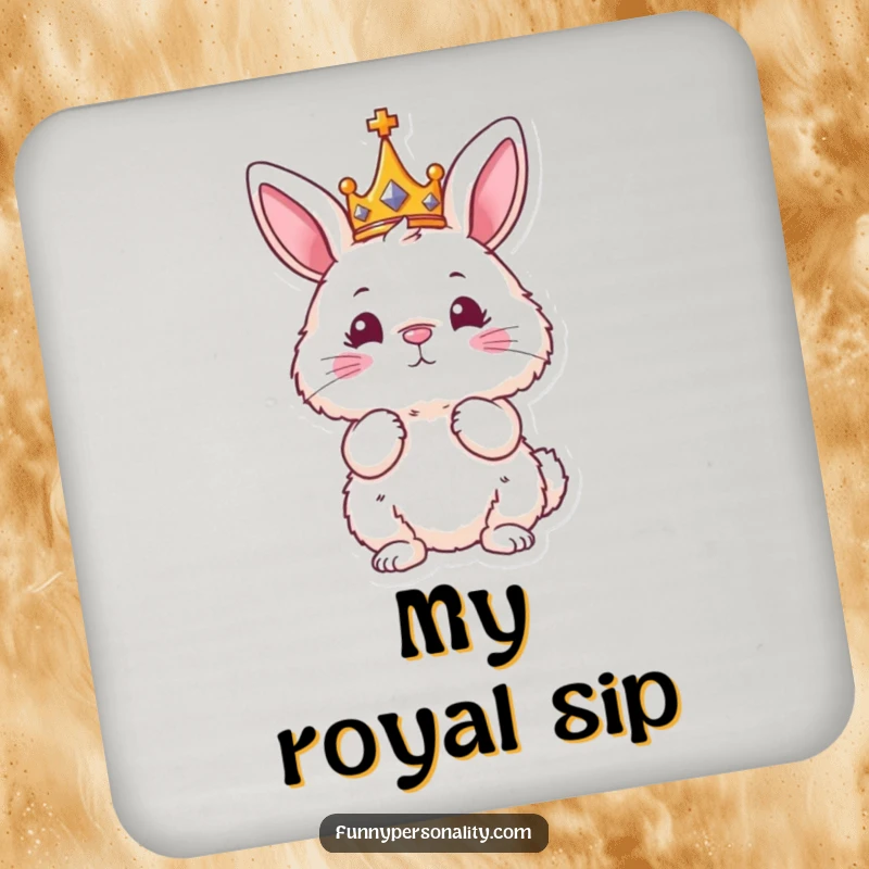 Funny drink coaster featuring a fluffy bunny with a crown, adding regal humor to table protection.