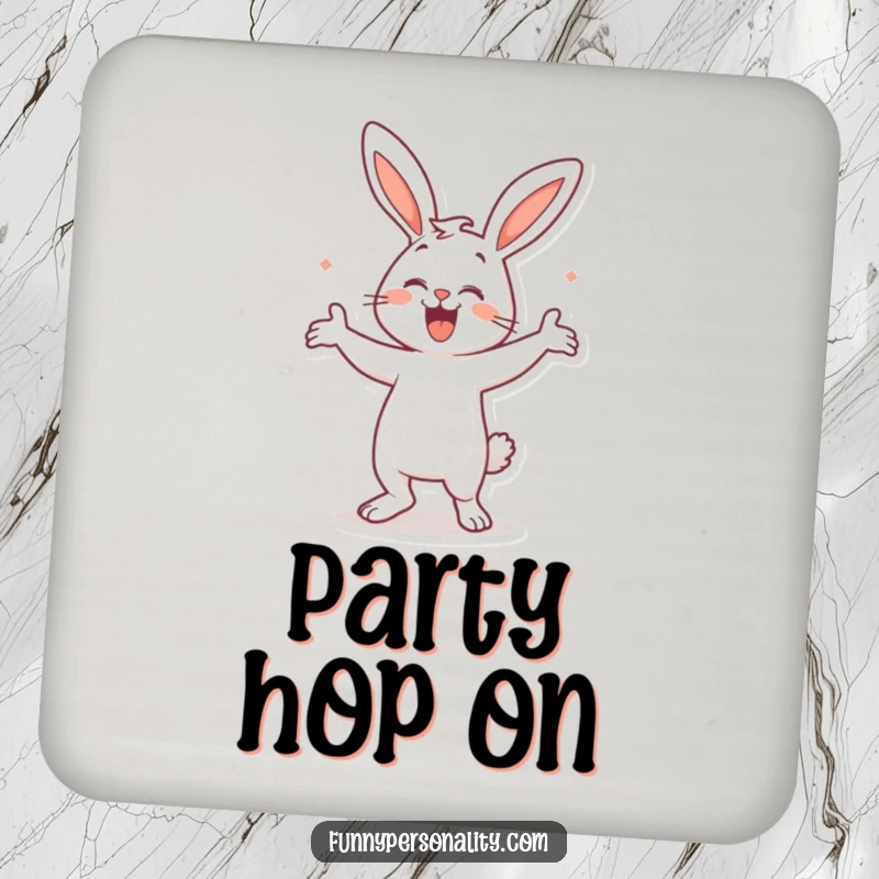 Funny Bunny Dance Coaster: A happy bunny dancing, perfect for protecting surfaces with a touch of playful energy. Bar accessory.
