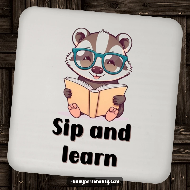 Funny drink coasters: a badger with glasses reading a book, protecting tables with intellectual humor.