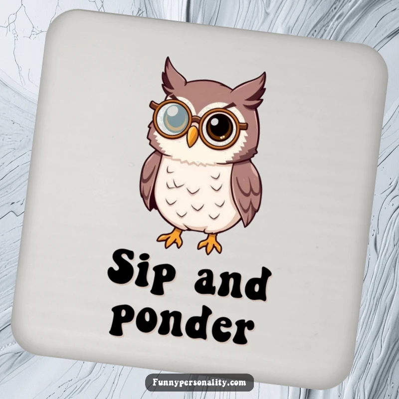 Wise owl coasters featuring a distinguished owl character wearing a monocle, adding a touch of sophistication to tabletops.