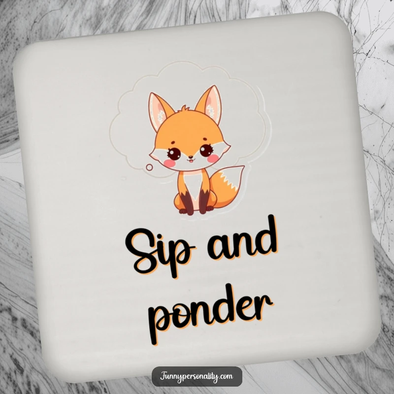 Funny Fox Coaster: A cute fox with a giant thought bubble, protecting surfaces with a humorous design. Home bar accessory.