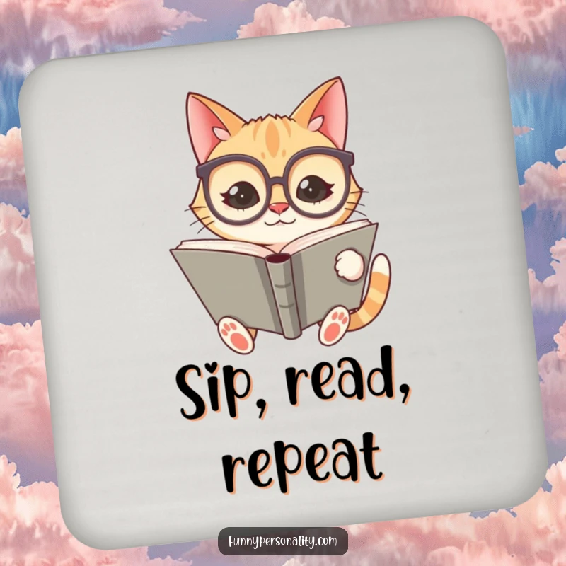 Funny drink coasters featuring a silly cat wearing oversized spectacles and holding a book, protecting surfaces with humor.