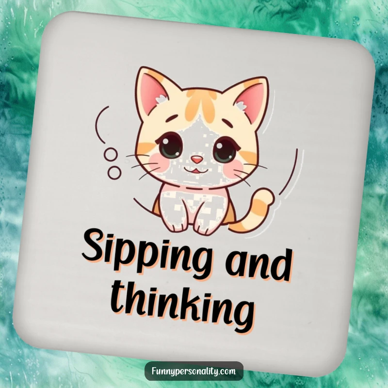 Funny Cat Coaster showcasing a curious cat peeking out from a thought bubble, protecting surfaces with whimsy.