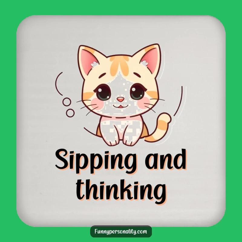 Funny Curious Cat Coaster: Protect Surfaces with Pondering Kitty in Thought Bubble, Gift Set