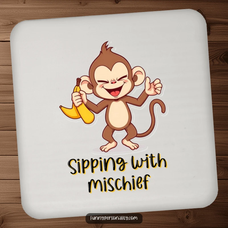 Funny monkey coasters: a set of coasters featuring a mischievous monkey character juggling three bananas with a sly smile.
