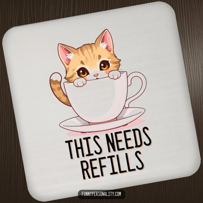 Funny cat coasters: a set of coasters featuring a curious cat character peering into an impossibly large teacup with fascination.