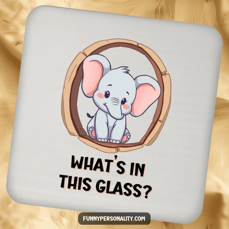 Funny curious elephant character peeking through a keyhole on protective drink coasters, adding a touch of intrigue, a funny gift.