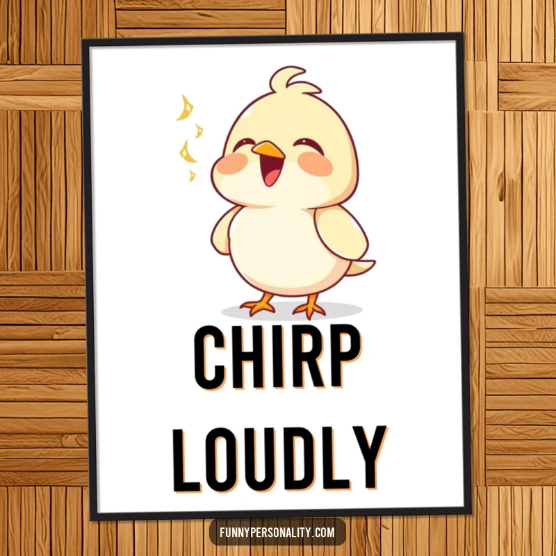 Funny poster art of a joyful bird character singing with immense happiness, chest puffed out. Perfect wall decor.