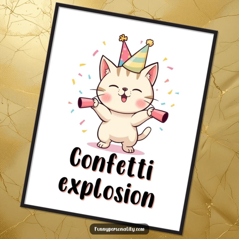 Funny Cat Party Poster: A lively illustration of a cat in a party hat, launching confetti cannons, creating a festive atmosphere.