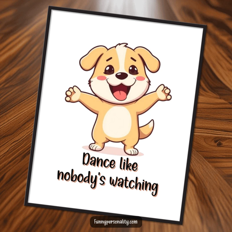 Funny Dog Dance Poster: A lively illustration of a happy dog performing an energetic and silly dance move. A fun piece.