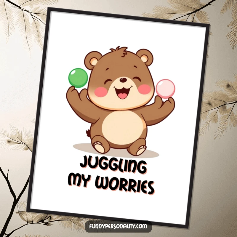 Funny poster art depicts a smiling bear joyfully juggling a spectrum of colorful balls, adding cheer.