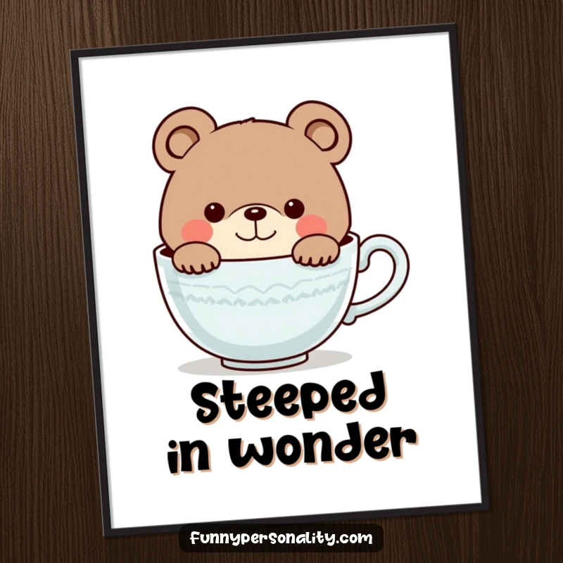 Funny poster depicting a curious bear character with a smile, peeking into a giant teacup, creating a whimsical and heartwarming scene.