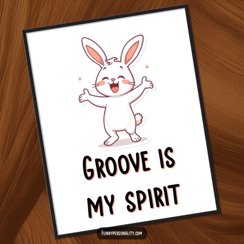 Funny Bunny Dance Poster: A joyful bunny in mid-dance, bringing vibrant energy and humor to wall decor. Art print.