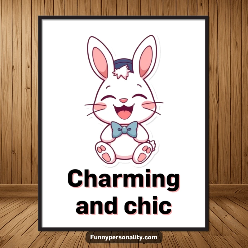 Funny poster featuring a laughing bunny character dressed in a hat and bow tie, perfect for party decor.