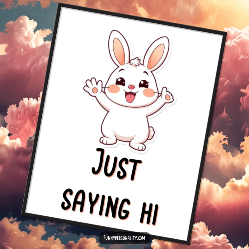 Funny poster print of a cheerful cartoon bunny waving happily with a big smile, radiating joy and optimism.