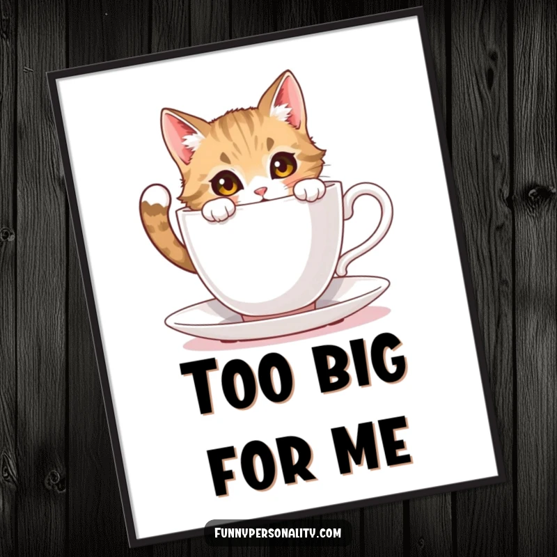 Funny cat poster: wall art of a curious cat character peeking into an impossibly large teacup, full of wonder and intrigue.