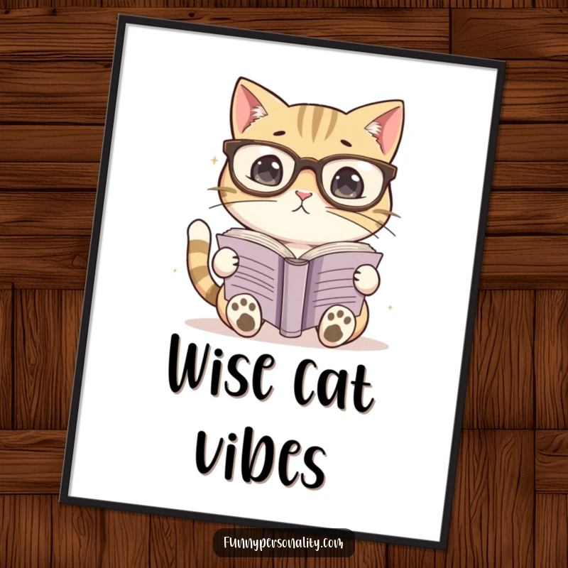 Funny poster showcasing a cat in large glasses deeply absorbed in reading a book. Ideal for home or office decor.