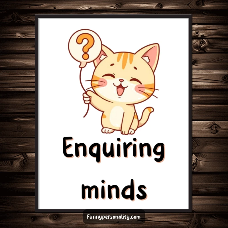 Funny Cat Question Balloon Poster: A curious cat pointing at a question mark balloon, perfect for adding an element of playful inquiry to wall art. Print.