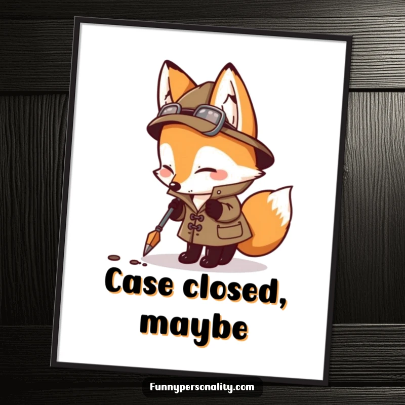 Funny detective fox illustration sniffing the ground, a humorous poster for crime lovers.