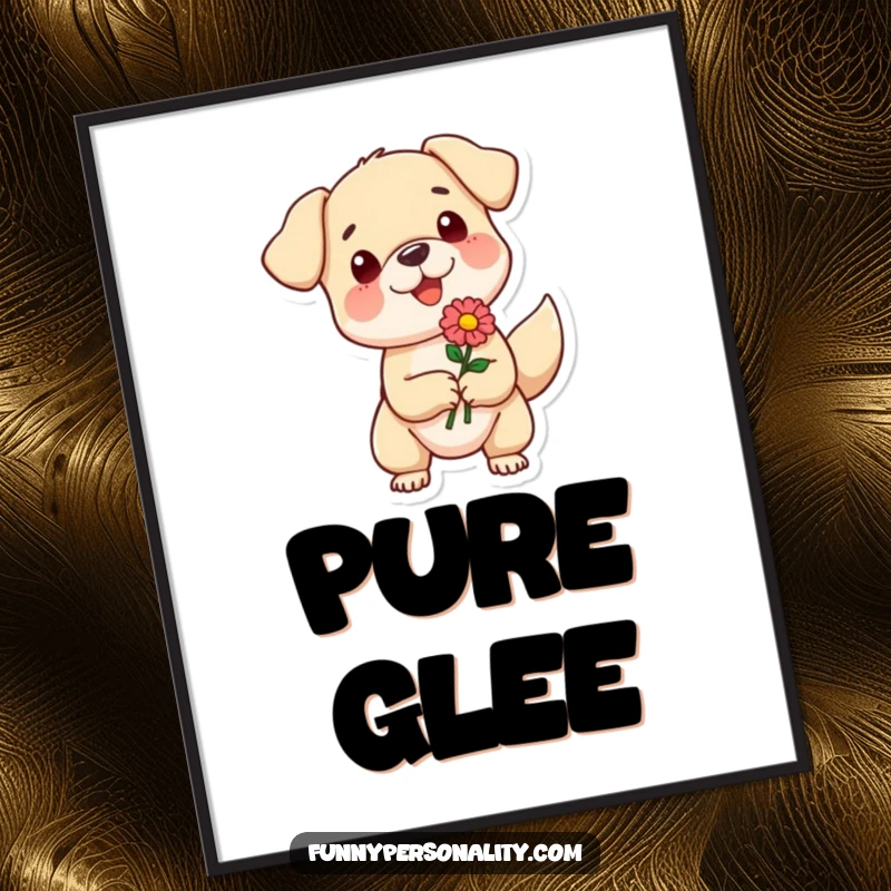 Funny poster depicting a small dog character with a wagging tail enthusiastically offering a flower, capturing a moment of pure canine love.