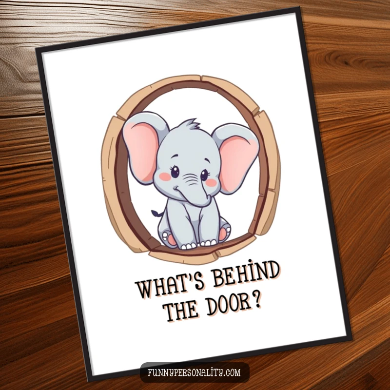 Funny curious elephant character peeking through a keyhole, displayed as wall art, creating intrigue and a funny gift.