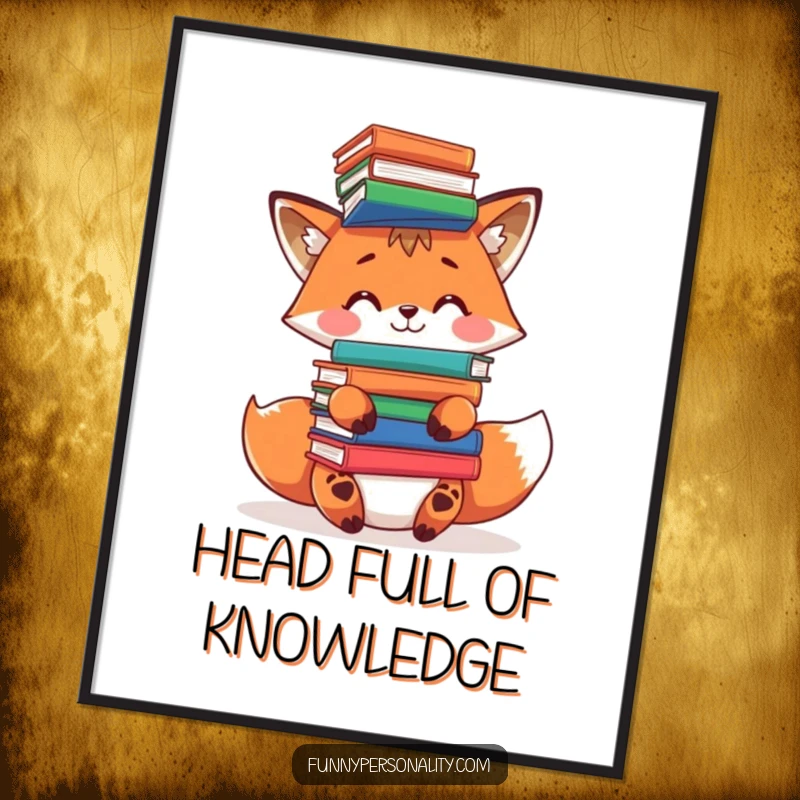Funny fox poster: wall art of a clever fox character attempting to balance a teetering stack of books on its head.