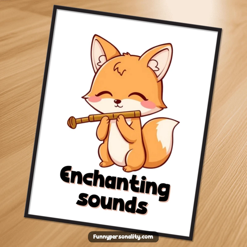 Funny poster depicting a cheerful fox character blissfully playing a tiny flute with closed eyes, surrounded by gentle, musical vibes.