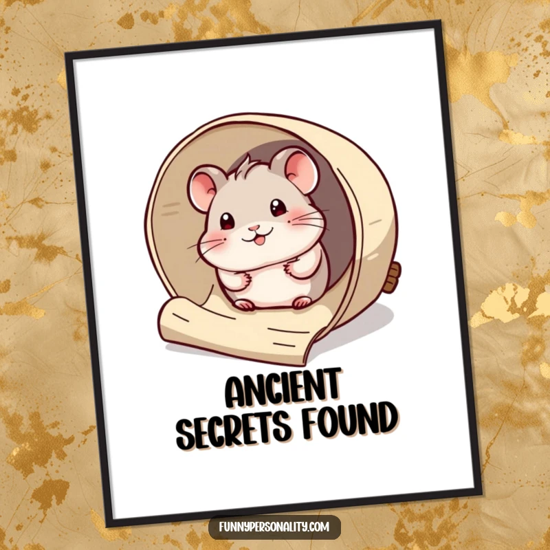 Funny Poster: A curious hamster peeks out from a giant rolled-up scroll, perfect humorous wall art for a charming gift.