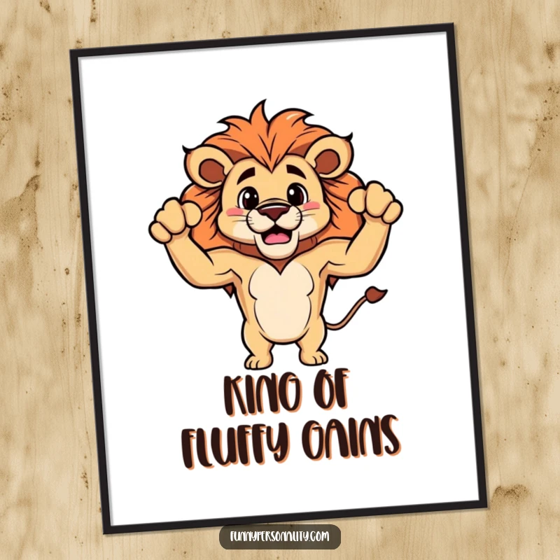 Funny poster featuring a proud lion character displaying tiny, fluffy biceps, bringing humor and personality to any wall.