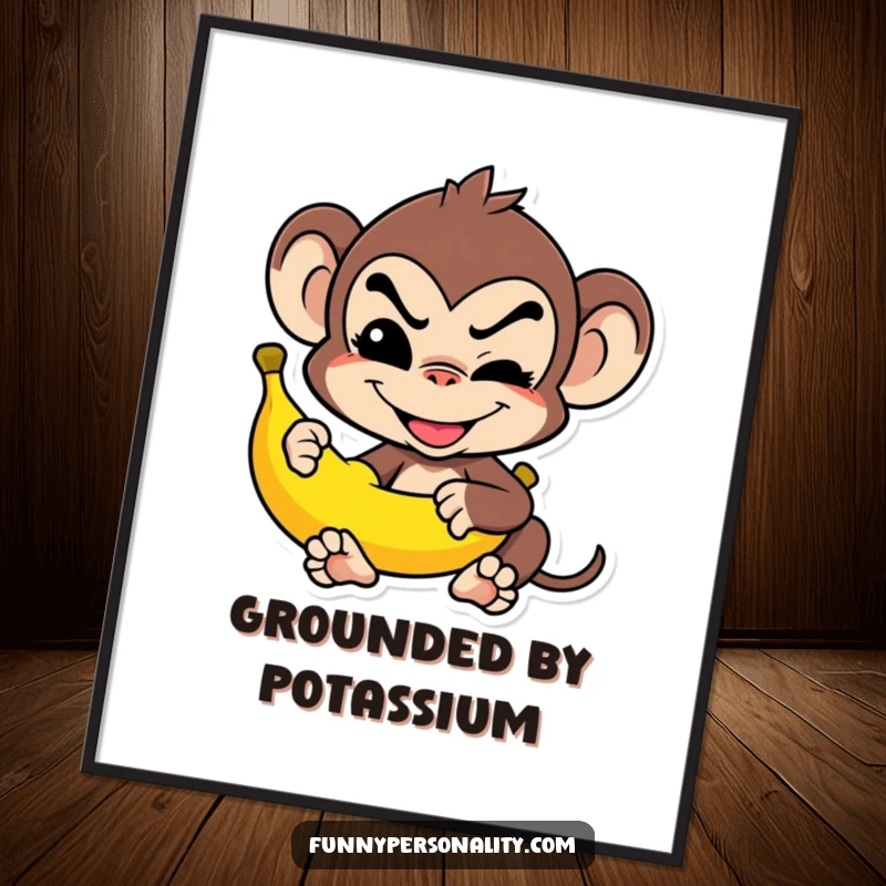 Funny Poster: A mischievous monkey grins while balancing a banana, perfect humorous wall art for a fun gift.
