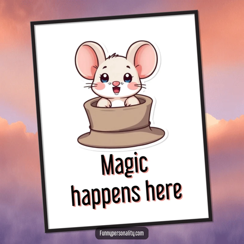 Funny poster featuring a surprised mouse character peeking out of a tiny hat, bringing whimsical humor and surprise to decor.